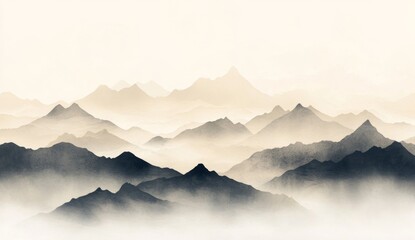 Misty mountain range at dawn, sepia toned.