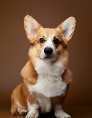 コーギーの特徴である短い足と大きな耳を活かした、マットな背景に映えるおすわりポーズが可愛らしさ満点。

