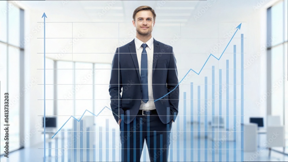 Poster professional man in suit standing with business growth graph visual