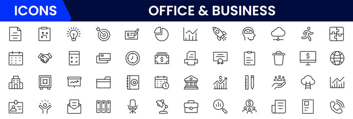 Vector illustration web line icon collection showcasing office and business essentials&mdash;documents, laptops, meetings, charts, briefcases, communication tools, teamwork, schedules, productivity, and wor