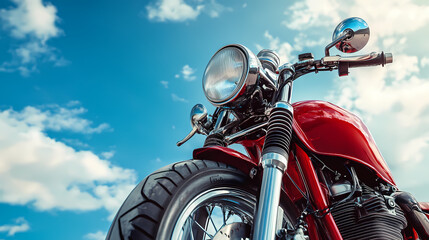 Fototapeta premium Chrome Motorcycle under Blue Sky: A stunning, detailed shot of a classic chrome motorcycle set against a vibrant blue sky with fluffy clouds, evoking a sense of freedom and adventure.