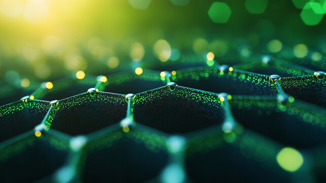 Close up of transparent cellulose cubes over a green trellised abstract background symbolizing sustainability molecular science innovation and eco friendly technology in modern design

