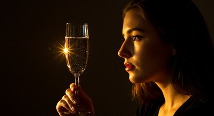Portrait of a young woman staring intently at a tall champagne glass filled with water, illuminated by soft golden light with starburst reflections