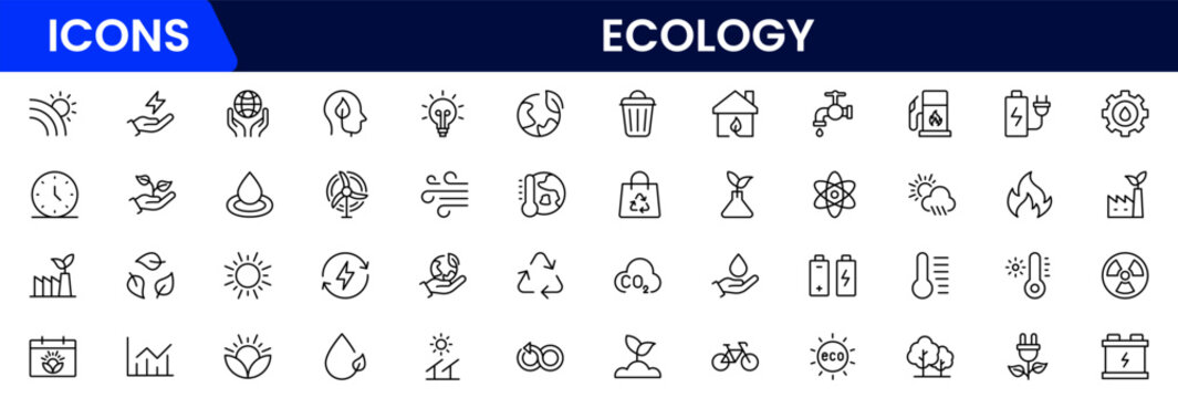 Vector illustration web line icon collection featuring ecology themes like renewable energy, recycling, green living, nature conservation, sustainability, earth care, and environmental protection. - Powered by Adobe