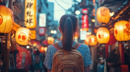 Obraz premium Woman explores vibrant Japanese lantern-lit street at night