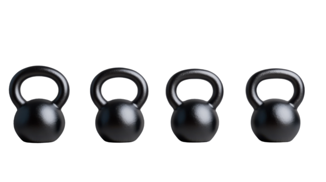 Kettlebell Lineup: An arrangement of four black kettlebells, symbolizing strength, fitness, and the commitment to physical well-being. This minimalist image, conveying power and potential.
