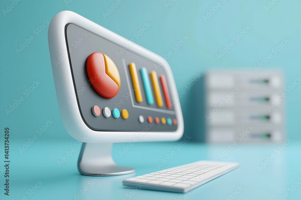 Poster a sleek computer monitor displays colorful graphs and data, set against a soft blue background with 