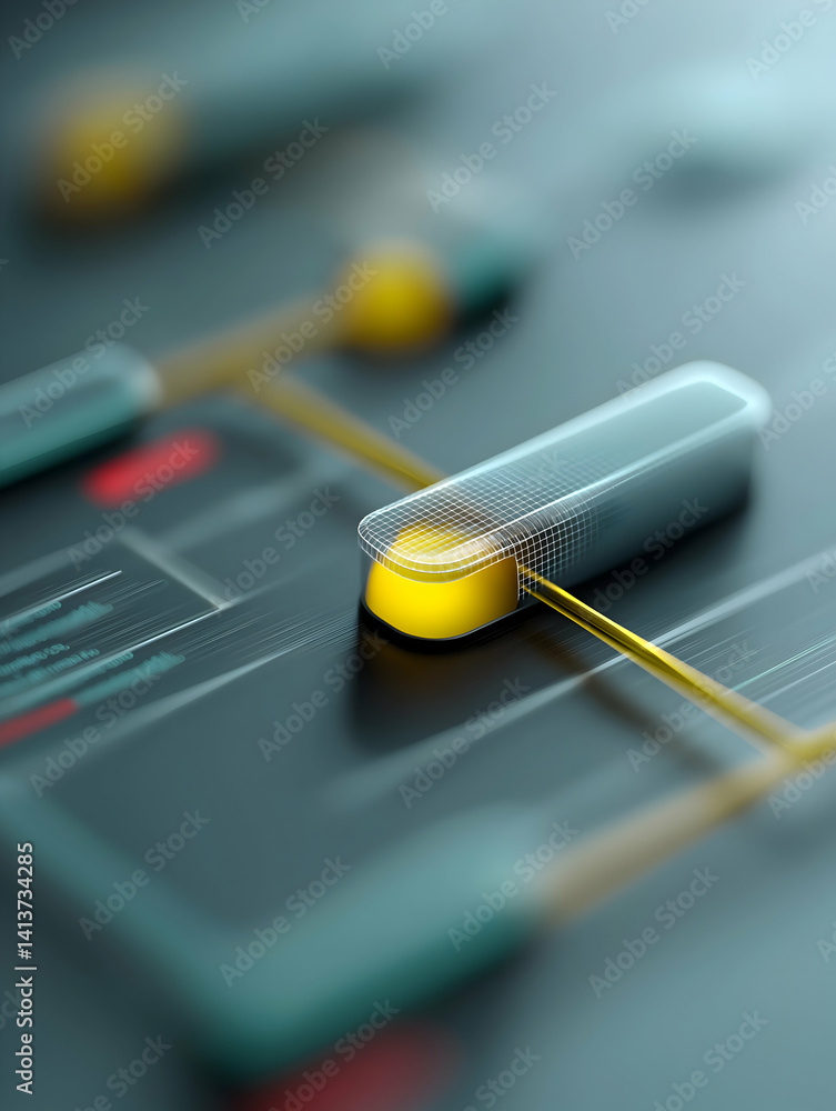 Poster a futuristic interface featuring a translucent switch with glowing elements, highlighting advanced t