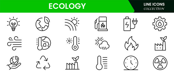 Vector illustration web line icon collection featuring ecology themes like renewable energy, recycling, green living, nature conservation, sustainability, earth care, and environmental protection.
