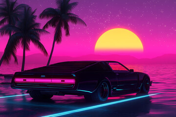 Synthwave Drive: A sleek vintage car cruises along a neon-lit coastal road against a stunning synthwave-inspired sunset. The vibrant scene features palm trees and a retro aesthetic.