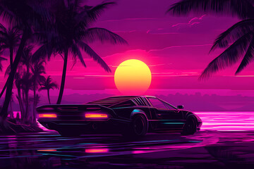 Neon Sunset Drive: A sleek sports car cruises along a coastal road at sunset, bathed in neon hues, evoking a sense of freedom and adventure.