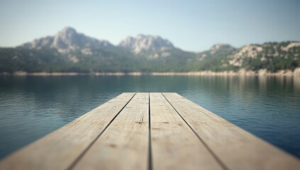 Wooden dock on calm lake with mountains