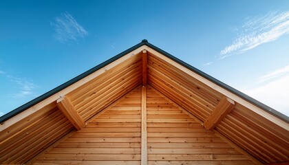 木材の屋根のディテールが美しいクローズアップ。青空を背景に、自然の素材が引き立てられ、温かみのある景色が広がる。

