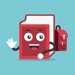 Cartoon Book with Backpack: Education Mascot, School Supplies, Cheerful Learning