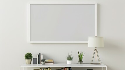 A white rectangular frame mounted above a hallway table, with books, small plants, and a modern lamp beneath.  HD 8K wallpaper Photographic Image