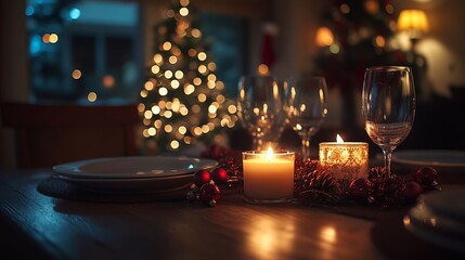 Festive Christmas Table Setting with Candles and Wine Glasses