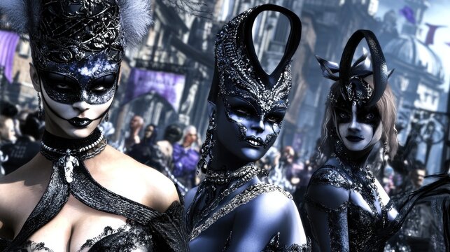 glamorous parade of enigmatic masked figures wearing luxurious costumes in an urban fantasy setting with ethereal elegance and ornate details