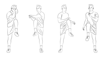 Vector Illustration of a Man Doing an Elbow-to-Knee Crunch, Standing Workout Pose in Outline Style