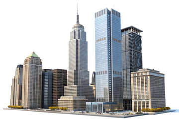 Fototapeta premium 3D cityscape model with skyscrapers , isolated on transparent background - generated by ai