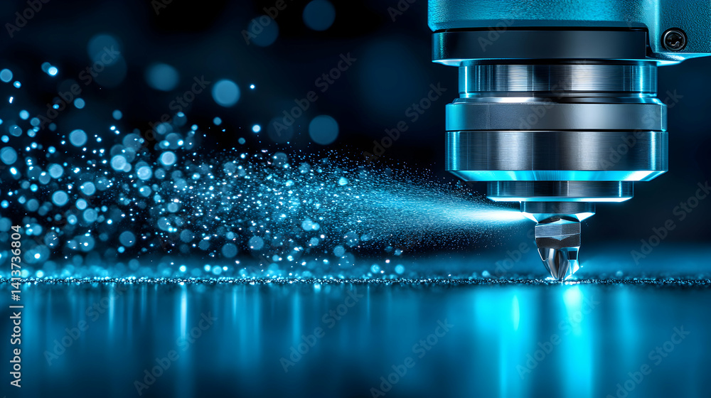 Poster high-tech industrial cnc machine precision cutting with blue sparks and bokeh. abstract manufacturin