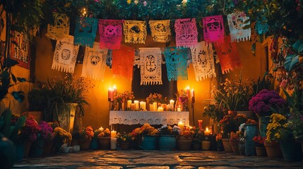 Day of the Dead Altar with Candles Flowers and Papel Picado Decorations