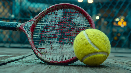 Worn-out tennis racket and ball rest on aged wood, evocative of forgotten games and passing time.