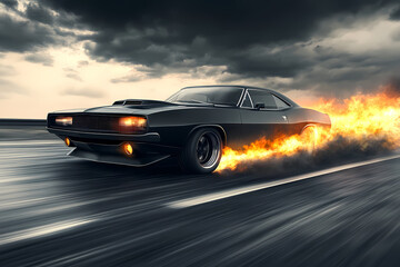 Fiery Ride: A sleek, black muscle car blazes down a highway, enveloped in flames and smoke, exuding power and speed beneath a dramatic, cloudy sky.