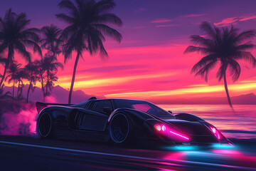 Neon Dream Drive: A sleek, futuristic car speeds along a coastal road under a vibrant sunset, evoking a sense of speed and neon-lit dreams.