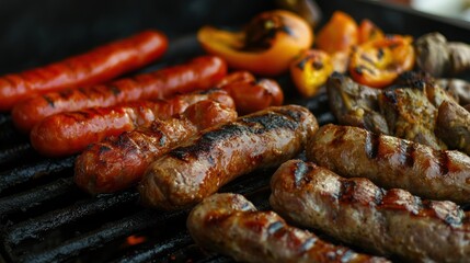 Grilling sausages, peppers, and meat outdoors, summer BBQ feast