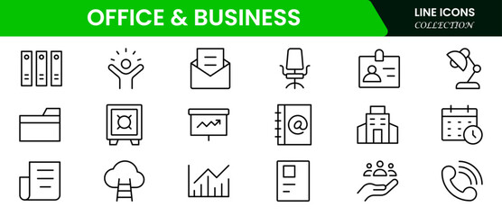 Vector illustration web line icon collection showcasing office and business essentials—documents, laptops, meetings, charts, briefcases, communication tools, teamwork, schedules, productivity, and wor