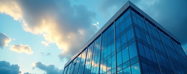 - Modern office building with sleek blue windows under dramatic cloudy sky, urban, design