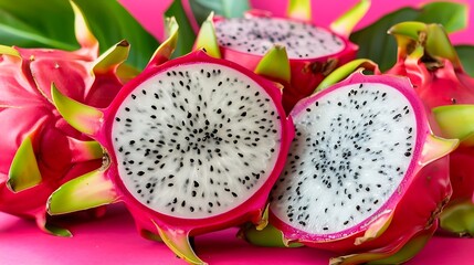 Vivid dragon fruit arrangement on a pink surface showcasing exotic produce