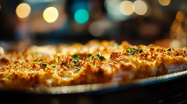 Close up of fried chicken texture showing golden crispy surface symbolizing comfort food indulgence satisfaction modern cooking tradition and the universal appeal of crunchy flavorful meals


