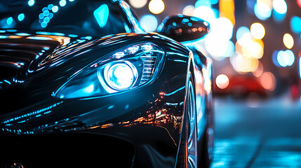 Nighttime Neon Car: A sleek, black car is parked on a city street at night, the scene illuminated by the vibrant glow of neon lights. The focus is on the car's modern design.