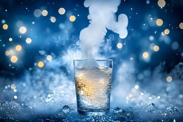 Fizzy Drink Glass with Steam and Bokeh Lights, Sparkling Beverage in Glass