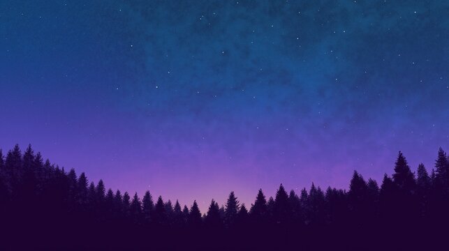 Starry night sky above silhouette of pine forest with dreamy purple to blue twilight gradient background