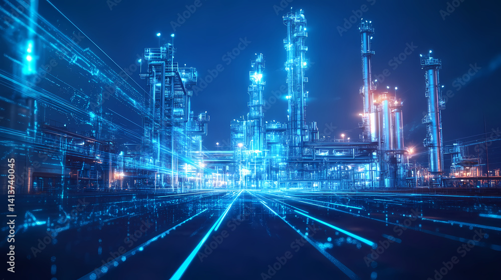 Poster digitized industrial complex: an intricate digital rendering of a vast industrial complex at night. 
