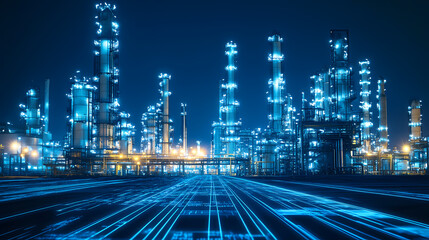 Night Refinery: Futuristic digital lines overlay a sprawling, illuminated oil refinery at night, suggesting technological advancements and efficiency in the energy industry.