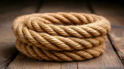Close-up of thick, coiled jute rope on rustic wooden background.  Perfect for nautical, adventure, or rustic themes.