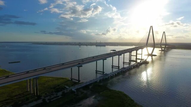 Arthur Ravenel Jr. Bridge aerial at sunset 