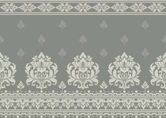 Elegant White and Green Damask Seamless Border Pattern. Vector design for Luxury Wallpaper, Textile, Invitation, Packaging, Wedding, Classic Decor