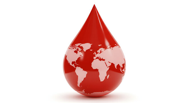 A symbolic red drop of blood with a world map inside it on a white background