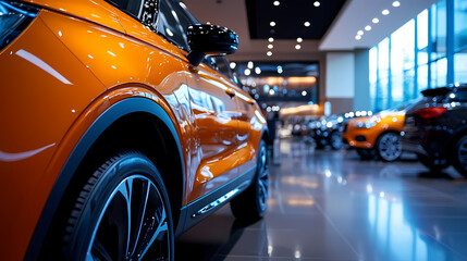 Orange Car Showroom:  A gleaming orange car takes center stage in a modern showroom, its sleek lines and reflective paint job drawing the eye.