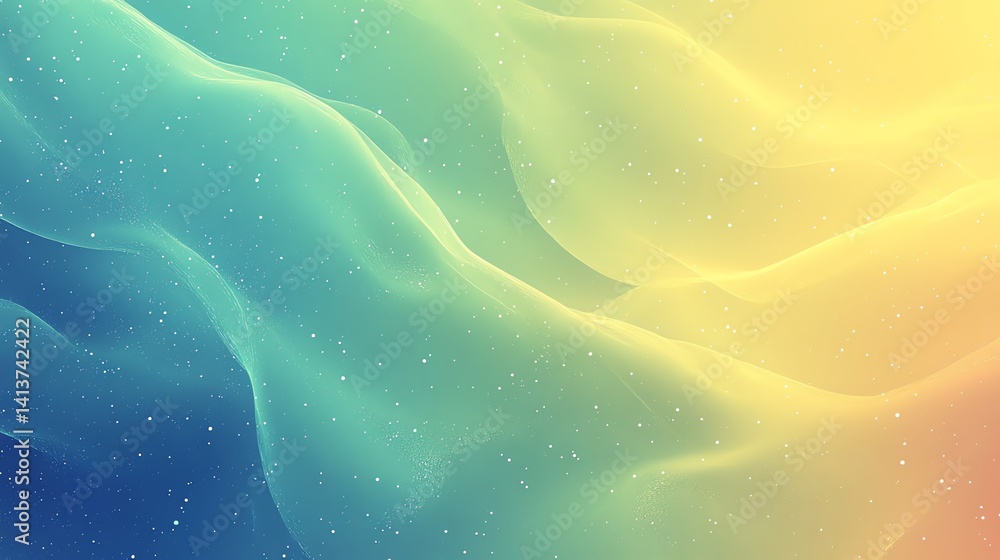 Poster soft teal and yellow waves blend smoothly with subtle white particles creating a dreamy, ethereal mo