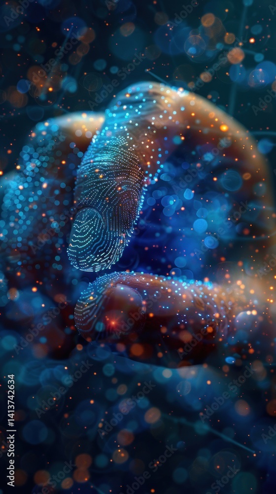 Poster digital fingerprint scan in dark technology background