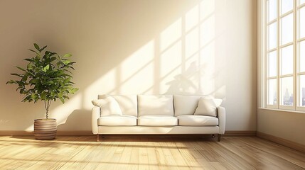 Room with white couch, plant, and large window with sunlight. Wooden floor