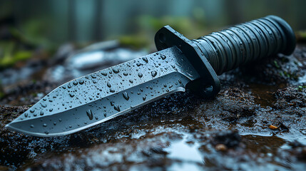 A close-up shot of a wet fixed blade knife resting on damp ground in a forest setting.  The image emphasizes the water droplets and the knife's details.
