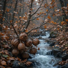 Fototapeta premium Autumn Forest Stream with Dried Seed Pods and Fallen Leaves
