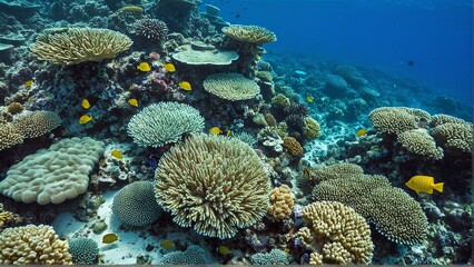 Vibrant Underwater Ecosystem Thriving with Diverse Coral Formations and Schools of Yellow Fish in Clear, Azure Waters.