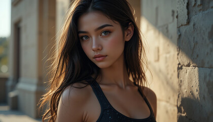 Naklejka premium A captivating close-up photograph of a young woman with beautiful, expressive eyes and long, flowing dark hair against a stone wall.